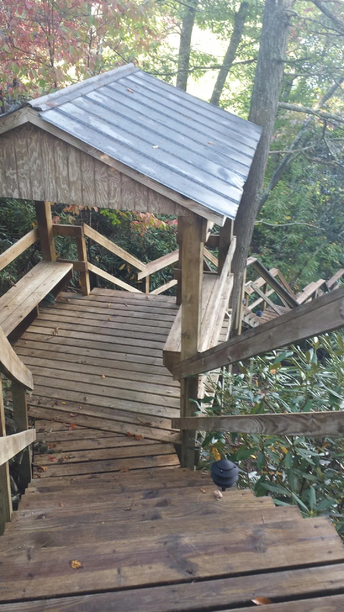 Metal roofed shelter over wooden steps on a wooded walkway — Skylight Repair & Installation work by our crew in Rhodhiss